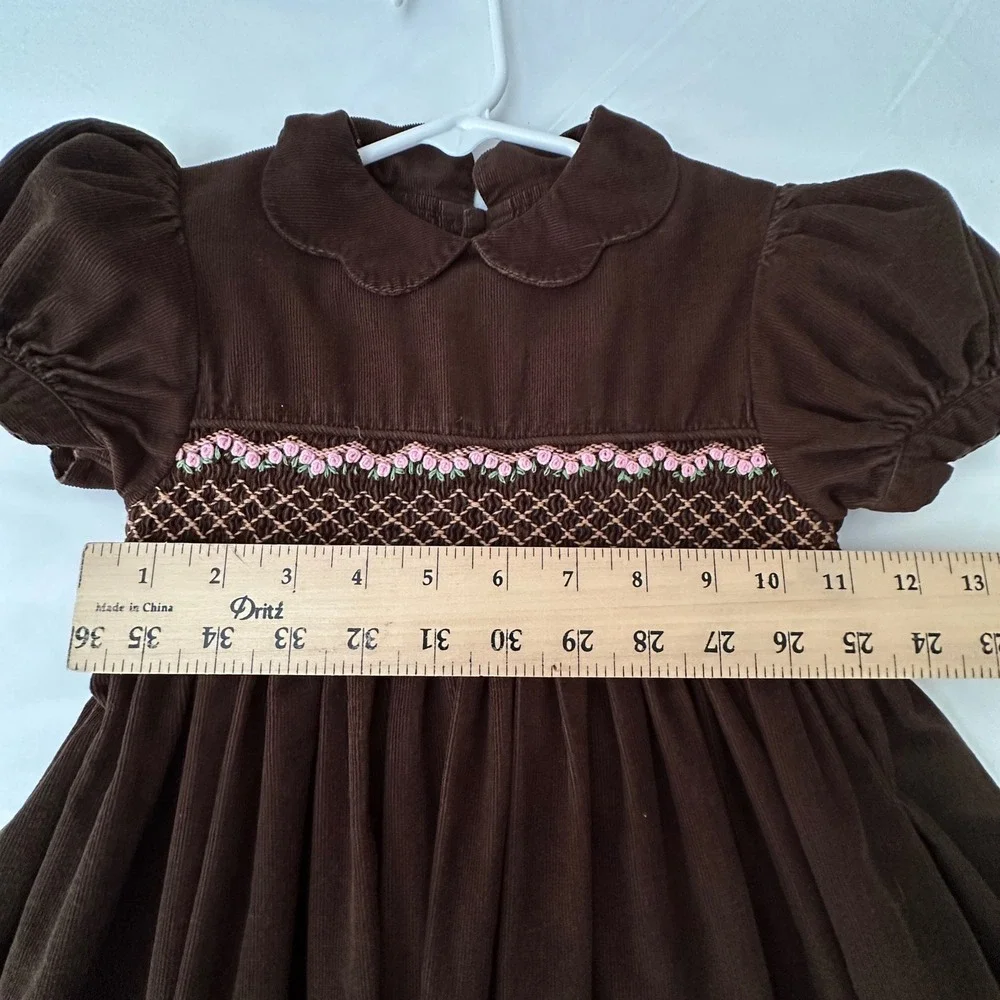 Mom Me Girls Dress 4 Brown Corduroy Smocked Floral Peter Pan Collar Cottage VTG